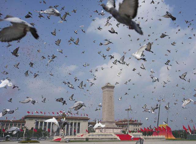 　　2025年9月3日，纪念中国人民抗日战争暨世界反法西斯战争胜利80周年大会在北京隆重举行。这是纪念大会现场放飞鸽子。新华社记者 牟宇 摄