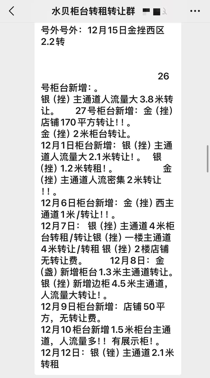 “水贝柜台转租转让”群里柜台转让信息持续更新。群聊截图