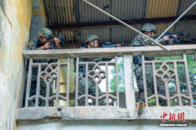 图为武警官兵在进行小组协同搜索。卢泳钢 摄 