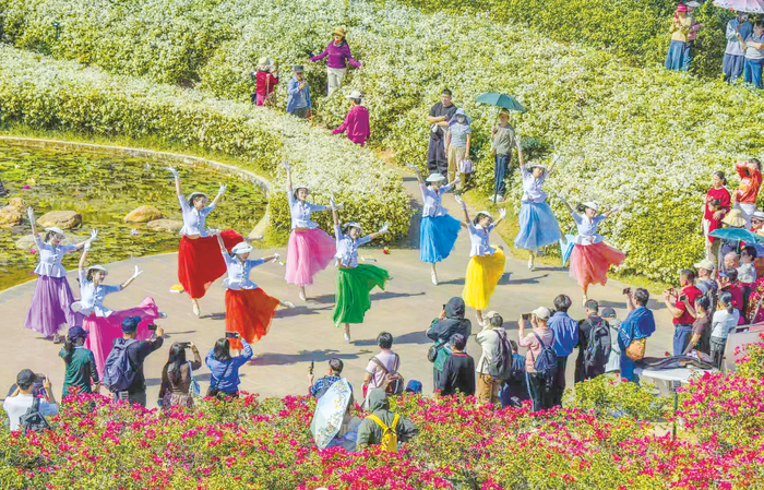     冬日的青秀山风景区依然繁花似锦，成为市民游客休闲娱乐的好去处。 （彭寰 摄）