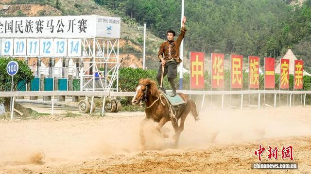 图为贵州省黔南布依族苗族自治州三都水族自治县西部赛马城的骑手表演特技。陈洋昕摄