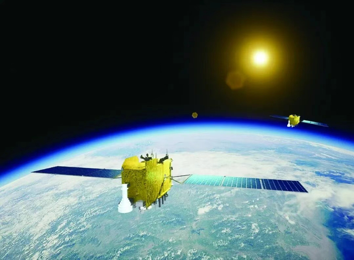 北斗导航卫星在轨示意图。