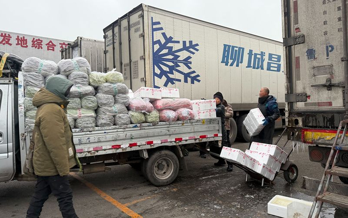 1月17日早上8点，新发地飘起零星小雪，商户正在搬运蔬菜。新京报记者 陈琳 摄
