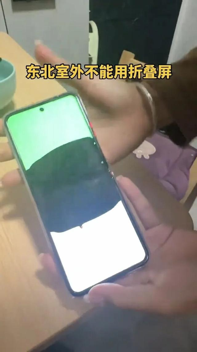 网友室外滑雪后折叠屏手机屏幕无法正常显示（视频截图）