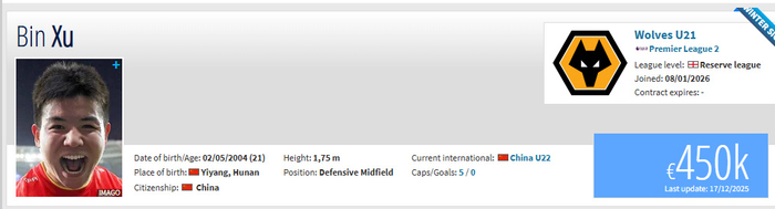 ▲“转会市场”发布的信息显示，徐彬于今年1月8日正式加盟狼队。