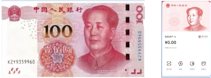 左：纸质版百元人民币图例 &nbsp; / &nbsp; 右：个人数字人民币账户图例