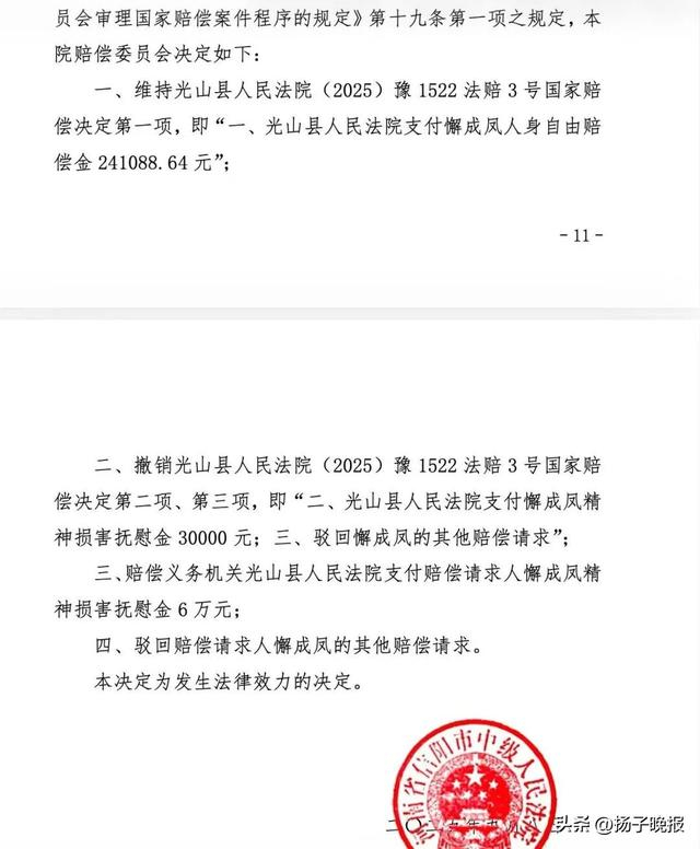 ▲信阳市中级人民法院作出的国家赔偿决定书。受访者供图