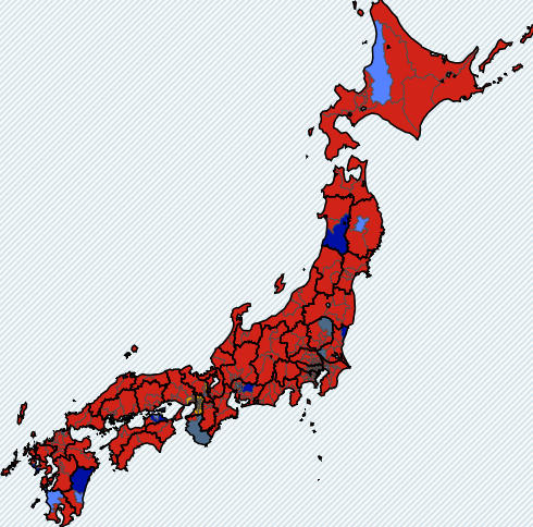 日本众议院选举情况图：红色为自民党 NHK