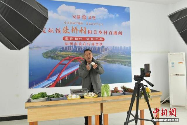 2月10日，安徽灵璧县虞姬镇朱桥村，王万洲在直播间里卖鹅蛋。 中新社记者 储玮玮 摄