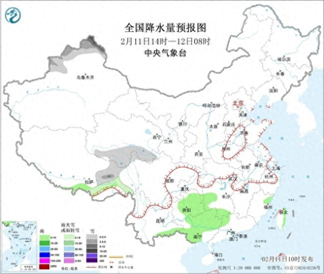 图1 全国降水量预报图（2月11日14时至12日08时）