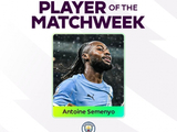 曼城边锋塞梅尼奥当选英超第26轮最佳球员