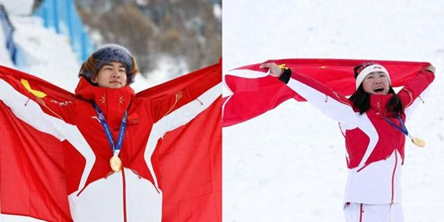 2月18日，苏翊鸣（左）、徐梦桃在夺冠后庆祝。拼版图片