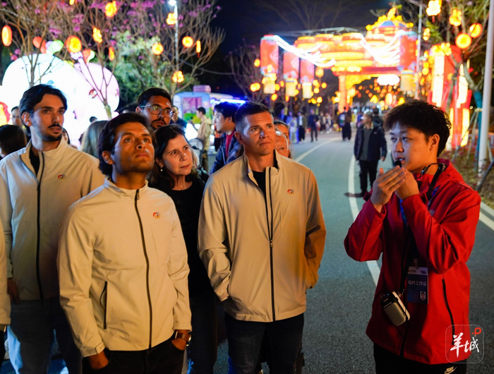 讲解员正在向外教们介绍灯会