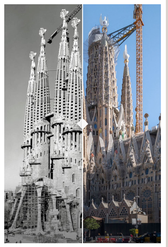 建造过程对比图 图片来源：圣家堂官方纪念网站