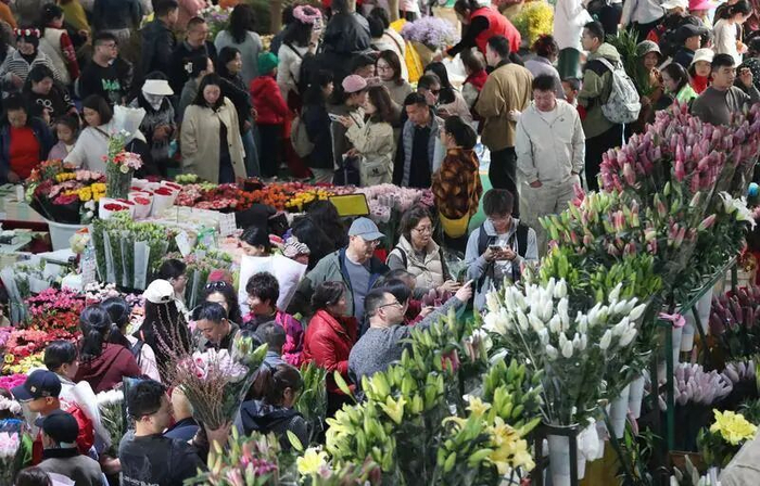 斗南花市人潮涌动，鲜花销售红火。