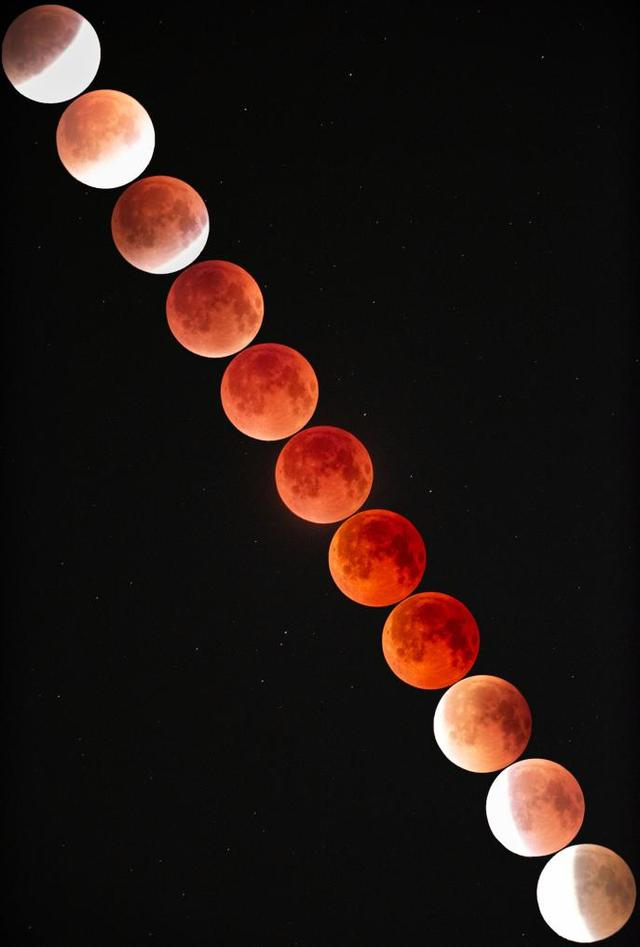 2025年9月7日夜晚至8日凌晨，在北京丰台拍摄的“红月亮”（多张叠加）。新华社发（王磊 摄）