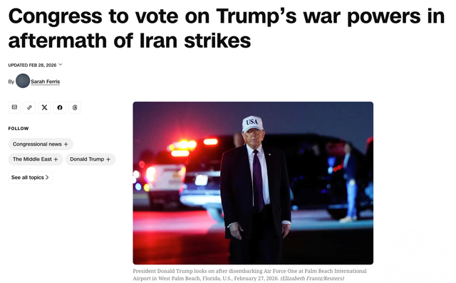 △CNN报道，特朗普政府对伊朗的大规模军事打击震惊了国会民主党高层和少数共和党人，他们谴责特朗普行动未经国会授权。