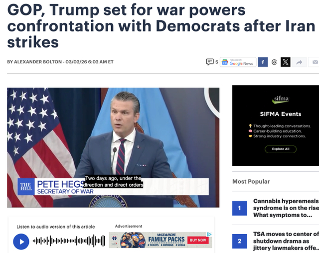 △《国会山报》报道，本周，参议院将就民主党参议员蒂姆。凯恩提出的“战争权力决议”进行辩论和投票。