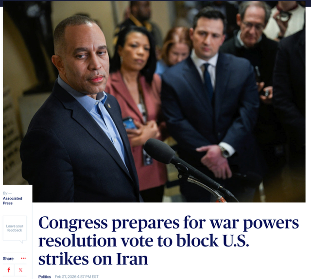 △美国国家公共广播电台报道，众院民主党领袖杰弗里斯表示，将争取本周就“战争权力决议”进行投票。