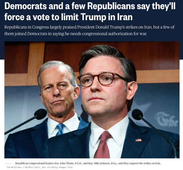 △国会内的民主党和少数共和党议员表示，他们将全力发起表决，限制特朗普在对伊行动上的权力。