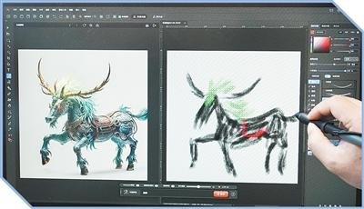 北京石景山区中关村科幻产业创新中心，工作人员展示一款图像软件的AIGC（人工智能生成内容）功能。新华社记者 郑焕松摄