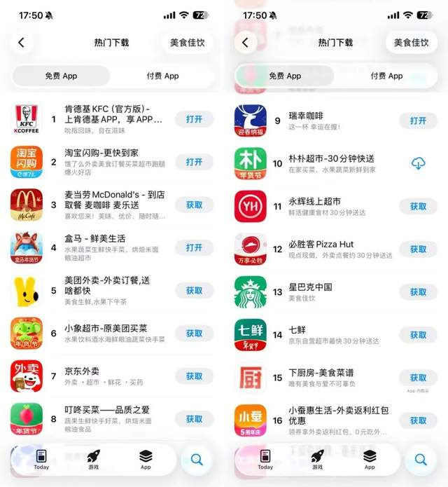 图源 / 苹果APP Store美食佳饮排行榜截图