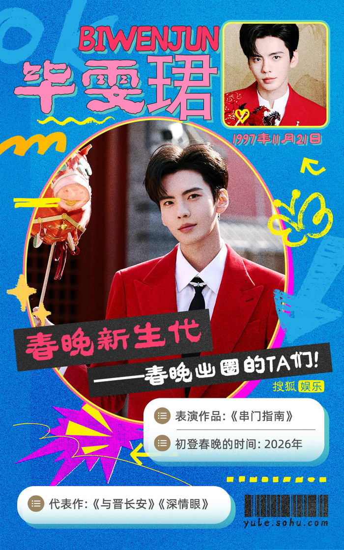 首登央视总台春晚的毕雯珺穿着红色西装，为观众们带来了精彩的歌舞《串门指南》。唱跳出身的他有着超好乐感，凭借着挺拔身姿成为了舞台上超有少年感的存在。他和王玉雯搭档展示的“倒车入库舞步”更是成为了网友们调侃的“科目二教学现场”。在欢乐的氛围中为现如今的网友提供了“看点”，毕雯珺的春晚首秀阵容很让人记忆深刻。