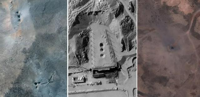 去年6月“午夜之锤”行动后核设施弹着点对比卫星图