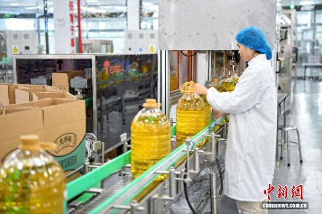 2025年9月18日，海南澳斯卡国际粮油有限公司的自动生产线正在加工生产一桶桶食用油。 中新社记者 骆云飞 摄