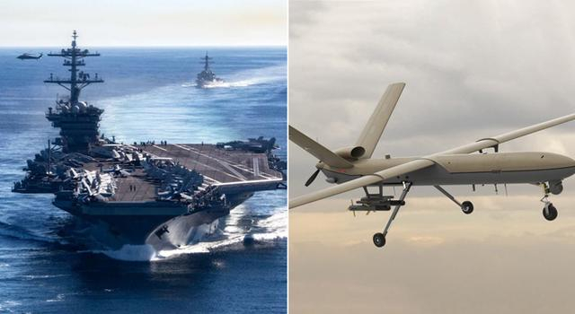 美国“亚伯拉罕·林肯”号航空母舰和伊朗“目击者-129”型无人机 资料图 