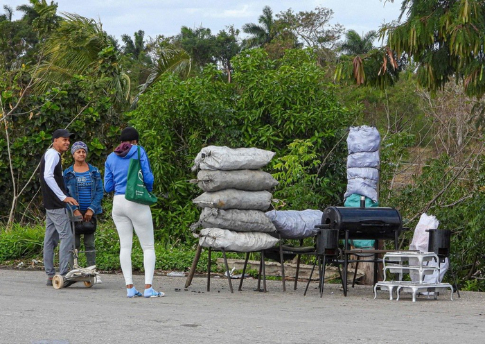 2026年2月6日，古巴哈瓦那，农民在路边售卖木炭。视觉中国 图