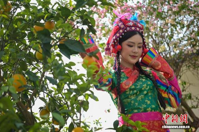 图为“香港小姐”莫凡展示的少数民族服饰。中新网记者 陈永诺 摄 