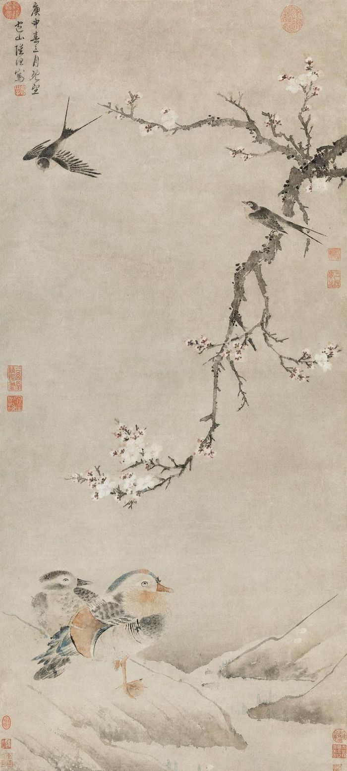 陆治《杏花鸳鸯双燕图》