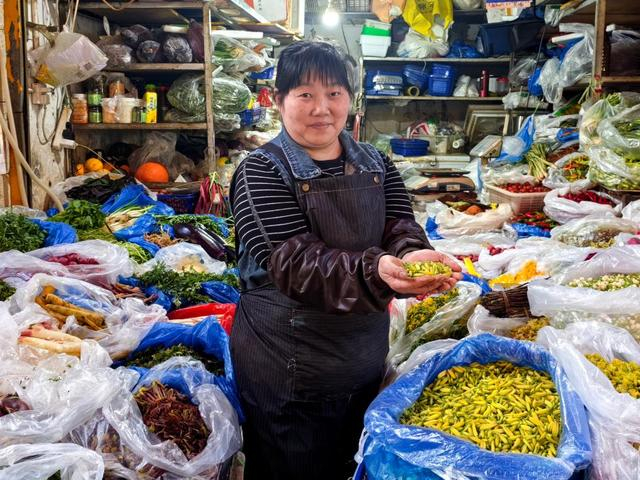 在云南省昆明市大观篆新农贸市场，摊主向游客展示新上市的春花。新华社记者 荆昭延 摄
