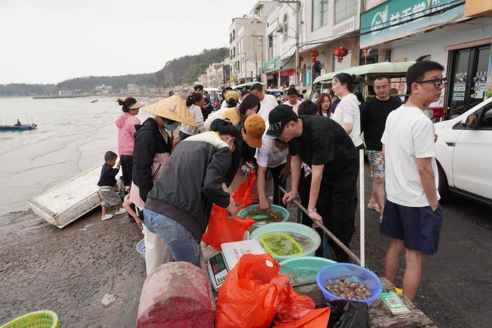 春节是涠洲岛的旅游旺季，渔民在路边卖刚捕捞的渔获，电动自行车堵在路上。新京报记者 左琳 摄