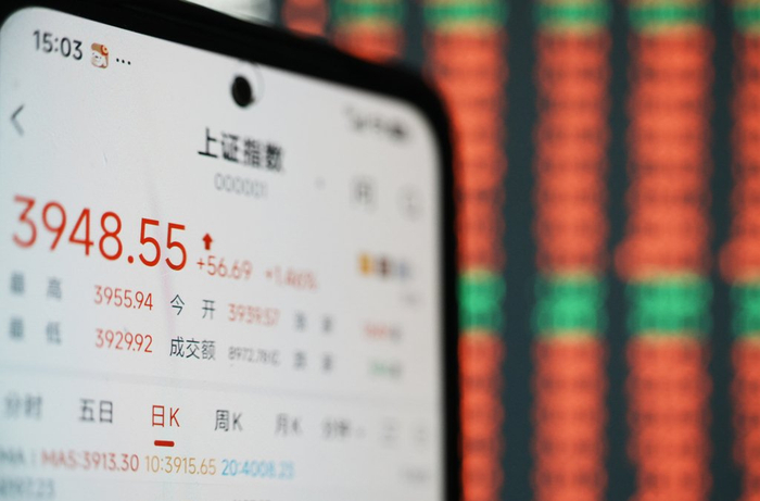 　　2026年4月1日，杭州股民手机上的股票软件显示A股沪指上涨1.46%，收于3948.55点。当日受到中东战事可能缓和利好消息影响，A股三大指数均涨超1%，科创50指数涨超3%。 截止收盘，沪指报3948.55点，涨1.46%，深成指报13706.52点，涨1.70%，创指报3247.52点，涨1.96%。 IC Photo