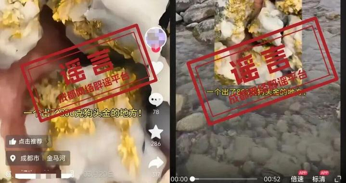 “都江堰金马河淘出800克狗头金”视频系谣言！发布者已删帖
