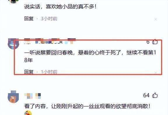  蔡明又回到春晚了。对春晚来说，这是一个小小惊喜；对观众来说，更像一次试试看。现在说欢迎她的人不多，但她还是决定站上舞台。从某种意义上，这是一个信号：春晚似乎还没完全放弃老一辈艺术家。如果蔡明能留下来，那赵本山、陈佩斯呢？当然，所有答案，都得等到除夕夜才能揭晓。那时，观众会不会给蔡明一个重新证明自己的机会——这才是真正的大考结束。