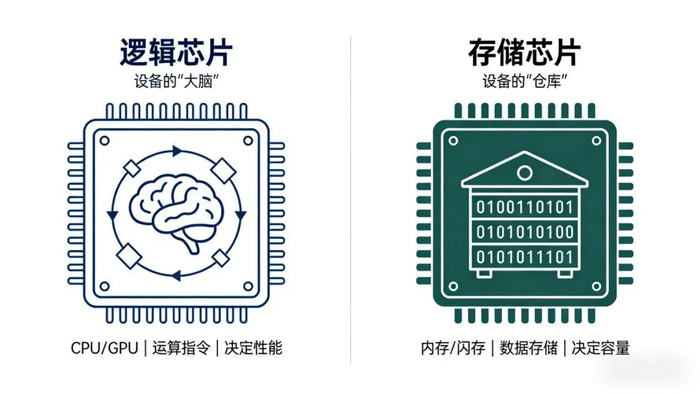 逻辑芯片和存储芯片的区别。图片来源：AI生成