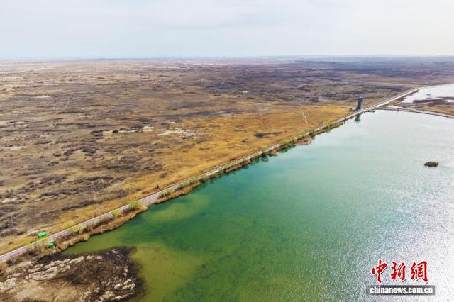 4月15日，航拍位于甘肃省嘉峪关市的草湖国家湿地公园。（无人机照片）中新社记者 李亚龙 摄