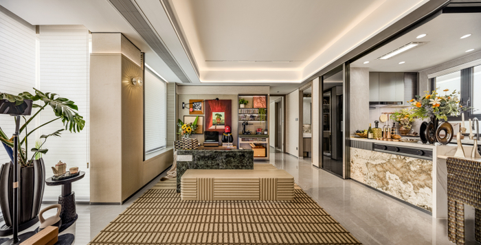 建筑面积约86㎡样板房客厅全景图。（以实际交付为准）