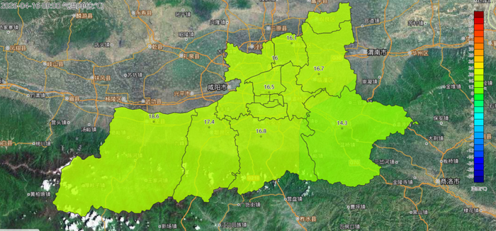 4月16日09时西安市气温实况色斑图