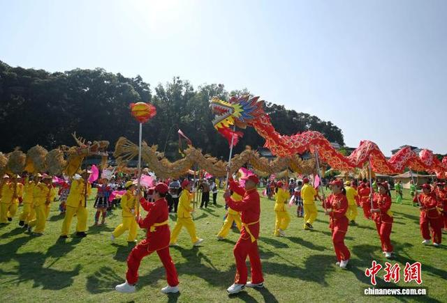 图为在广西罗城仫佬族自治县小长安镇木栾农庄，民众在进行舞龙表演。蒙增师 摄