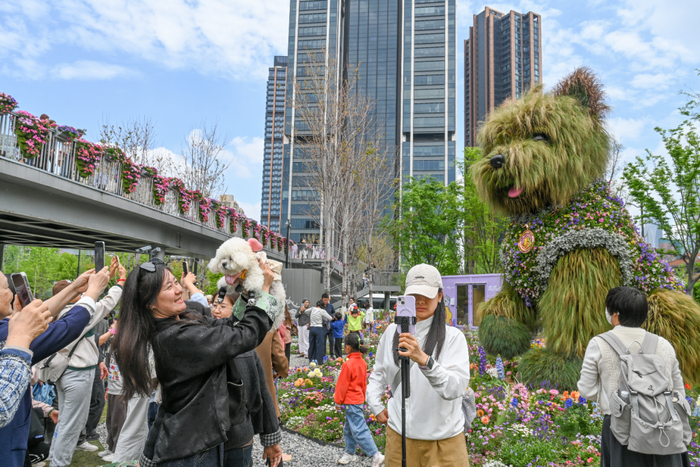 4月18日，上海苏河湾，市民举着小狗和“潦草小狗”花艺雕塑合影。澎湃新闻记者 朱伟辉 图