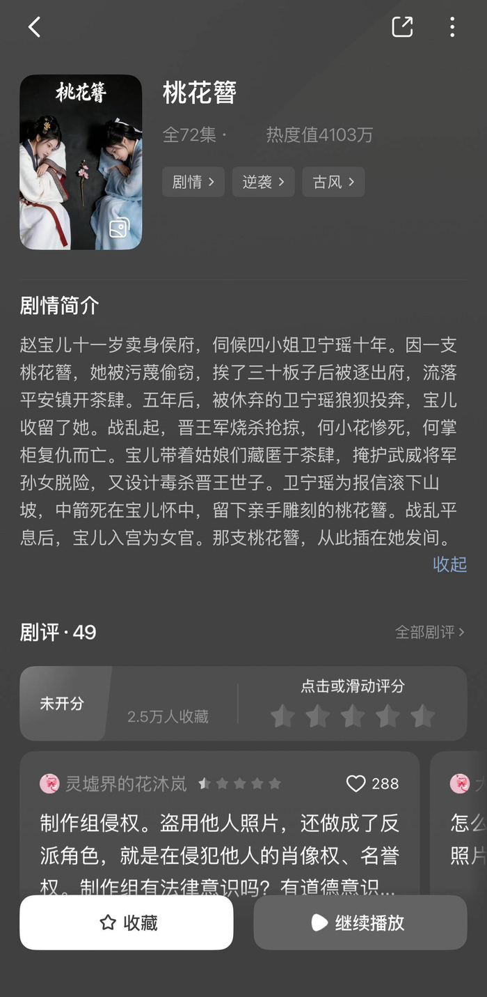 在短剧平台，《桃花簪》的热度超过4000万。 图源：平台截图