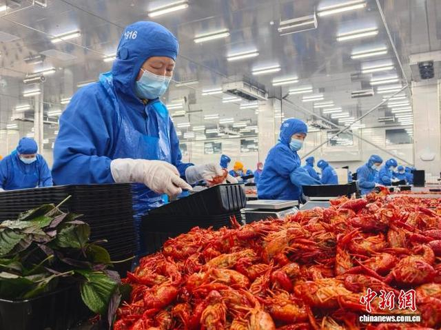 南县小龙虾食品加工企业车间内，工人打包小龙虾产品。 宋梅 摄