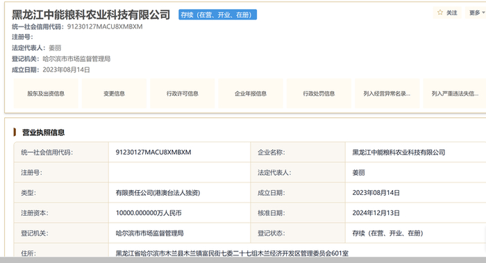 中能粮科工商信息。国家企业信用信息公示系统截图