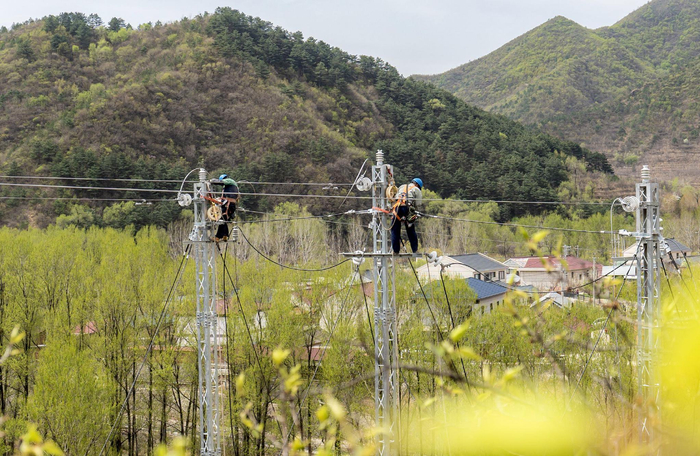 国网北京延庆供电公司在珍珠泉乡双金草村灾后提升工程现场对10千伏线路开展立杆架线工作。武增宇 摄