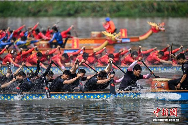 图为龙舟锦标赛现场参赛队员正在全力拼搏。中新社记者 刘忠俊 摄 