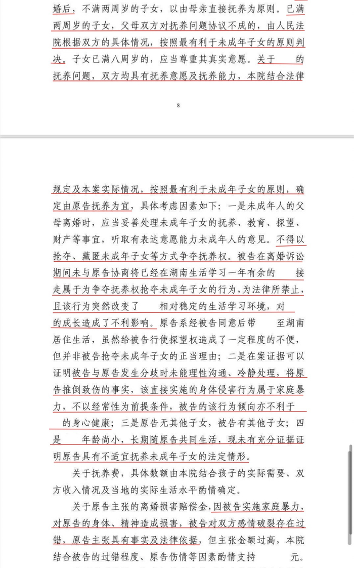 判决书中，法院认定苏俊的前夫存在抢夺子女和实施家暴行为。受访者供图